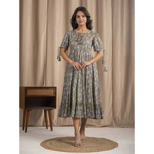 ชุดเดรสผ้าฝ้ายมัลมัลสีเทาพิมพ์ลายบล็อกด้วยมือ สไตล์โบโฮ ออกแบบตามสั่งสำหรับสาวออฟฟิศ คลับโกธิค ไซส์ XS ระบายอากาศได้ดี เอวทรงธรรมชาติ - Product Image 4