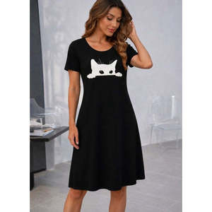 Robe courte en viscose à manches courtes et col rond pour femme, imprimé chat, 37499 - Noir - Product Image 4