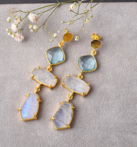 มูนสตันธรรมชาติพร้อมต่างหูท็อปาสสีน้ําเงิน ต่างหูห้อยเงินแท้ 925 - Product Image 3