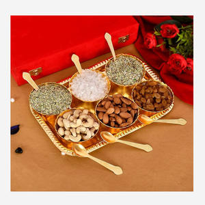 Juego de servicio de metal de latón de fábrica de color plateado con cuatro cuencos, cuatro cucharas y bandeja, la mejor caja de embalaje de color rojo brillante, cuencos reales - Product Image 3