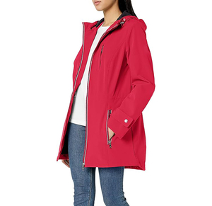 Women's Red Long <b>Hooded</b> Waterproof Softshell <b>Jacket</b> With Zip Closure And Pockets Regular Fit Winter Outerwear - Product Image 3