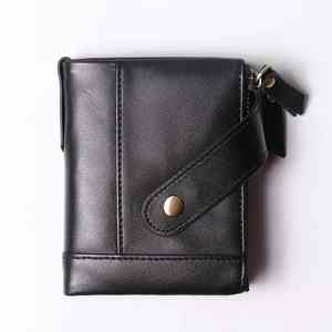 Cartera de cadena de cuero genuino Vintage para hombre Tarjetero de bloqueo RFID con botón de cremallera corto para motociclistas - Product Image 1