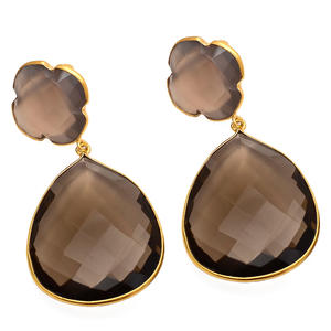 Pendientes en forma de pera y trébol de cuarzo, Topacio ahumado, Gema de Calcedonia gris, Plata de Ley 925, novedad - Product Image 1