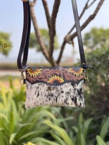 Cowhide Fur Leather Handbag Hand Tooled Carving Leather Sling <b>Bag</b> Gypsy Boho Handmade Western Stylish Multi Uses <b>Bags</b> - Product Image 2