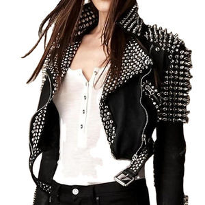 Chaqueta de cuero con tachuelas Punk para mujer, remaches negros lavados de PU para motorista, abrigo de moda Rock, talla grande, Primavera, nueva - Product Image 1
