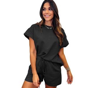 Conjunto de Top y Shorts de Algodón al por Mayor, Textura de Primavera y Verano, Color Sólido de Moda, Cuello Alto, Manga Corta, Estilo Urbano - Product Image 3
