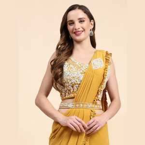 Lanzamiento de hermosa tela importada de diseñador con volantes con exquisito cinturón de trabajo hecho a mano Sari ready made al por mayor por Royal Export - Product Image 5