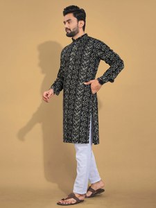 M À 4XL Taille Pur Coton Feuille Imprimé Beau Col Cou Conception Genou Longueur Fantaisie Kurta & Bas Pour Hommes Ou Garçons Porter - Product Image 4