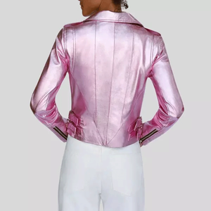 Blouson motard en cuir rose métallisé pour femme - Product Image 2