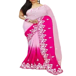 Dernier Look Georgette Brodé Séquence Travail Indien Traditionnel Designer Bollywood Georgette Matériel Saree pour Femmes