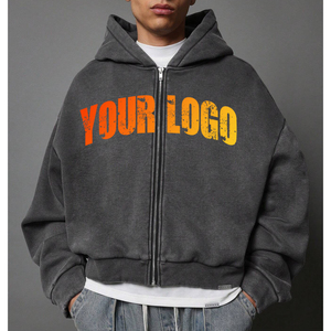 Nueva llegada logotipo personalizado de peso pesado Vintage Wash Hoodie Mens Acid Wash Hoodie Plus Size Men's Zip up Sudadera con capucha - Product Image 4