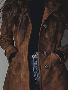 เสื้อแจ็คเก็ตบลูซอนหนังกลับแท้สีน้ำตาลสไตล์วินเทจสำหรับผู้หญิง รุ่น 25YX023 ฤดูใบไม้ร่วง-ฤดูหนาว จากบรูมเล็ต คอร์ปอเรชั่น ติดกระดุมทำมือ กันลม - Product Image 4