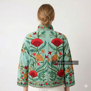 Veste universitaire en velours brodé floral bohème, anti-rides, écologique, coupe-vent, respirante, col rond, style Suzani, pour l'hiver et l'automne - Product Image 5
