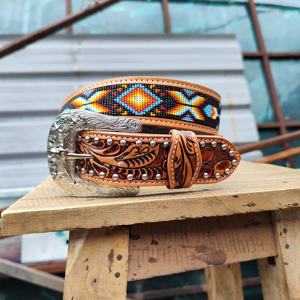Trendy Hand Tooled Western Cowhide Leather Southwestern Beaded <b>Cowboy</b> <b>Belt</b> Vintage Alloy Eco-Friendly Rodeo <b>Belt</b> Best Price - Product Image 5