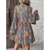 Automne nouvelle mode ethnique col en v style imprimé couches à manches longues femmes maxi robe boho chic doux fluide élégant tenue décontracté