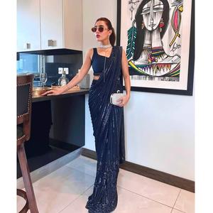 Sari de Georgette Azul Elegante de Excelente Calidad para Festivales, Bodas, Eventos Formales y Uso Diario, Disponible para Exportación - Product Image 1