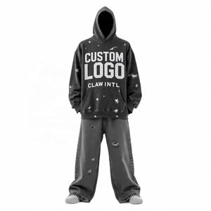 Personalizado 600gsm Baggy Jogger y Sudadera con capucha chándal de gran tamaño Unisex pantalones de chándal conjunto de lana de algodón chándal de los hombres personalizados Sweatsuit - Product Image 1