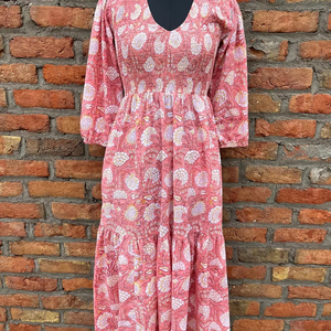 ชุดเดรสผ้าฝ้ายอินเดียพิมพ์ลายด้วยมือ สไตล์ลำลอง ทรงยาว คอวี ปักลายดอกไม้ แขนยาว สำหรับผู้หญิง - Product Image 1