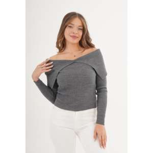 Pull en tricot anthracite pour femme avec col châle, disponible en gros - Product Image 6