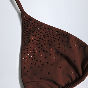 Conjunto de 2 piezas de lentejuelas marrones para mujer, top triangular con cuello halter y braga de corte cheeky, de tela elástica, color liso, traje de baño de punto. - Product Image 1