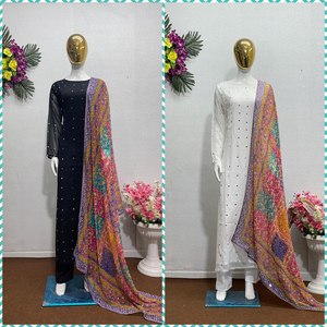 Colección de trajes Salwar de diseñador para mujer, estampado Digital elegante, trabajo de espejo Real, tela Georgette de imitación pesada para fiestas - Product Image 4
