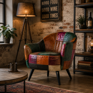 Sillón de Estilo Industrial Tapizado con Diseño de Patchwork, Sillón de Salón Vintage, Silla Lateral para el Hogar, Muebles para Sala de Estar o Cafetería - Product Image 2