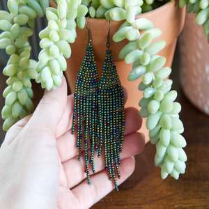 Designer Green Iris <b>Beaded</b> <b>Fringe</b> Earring Brass Silver Plated Jewellery for Women and Girl Wear in Wedding Party, Hldi, Mehendi - Product Image 3