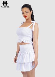 TOP D'ÉTÉ À TIRAGES ET JUPE FATIGUÉE SET-MD310 Femmes Casual Respirant Au-dessus du Genou Longueur Ensemble pour Usage Quotidien et Occasions Spéciales - Product Image 4