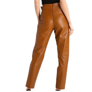 Pantalones Clásicos de Cintura Media, de Cuero Genuino Marrón, con Frente Plano, Estilo Vintage, Decoración de Encaje, Cintura Elástica con Cinturón, Pierna Ancha para Invierno - Product Image 2