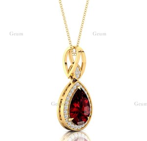 Collier pendentif larme de qualité supérieure de conception classique avec pierre précieuse grenat rouge naturel en forme de poire et diamants véritables en vrac - Product Image 3