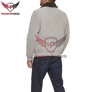 <b>Mens</b> Grey Leather Bomber <b>Jacket</b> With <b>Shearling</b> Collar Genuine Lambskin Flight <b>Jacket</b> Winter Casual Outerwear - Product Image 4