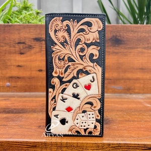 Beau portefeuille long pour hommes de créateur Design floral de cartes élégant avec porte-monnaie en cuir véritable usiné à la main d'inspiration occidentale - Product Image 1