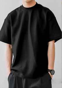 เสื้อคอตตอนผู้ชายเปิดไหล่ปล่อย2025สีดำเสื้อยืดผ้าฝ้ายออร์แกนิกสีล้วนแบบถักโอเวอร์ไซส์ - Product Image 5