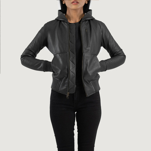 Veste à capuche en cuir anthracite pour femme, fermeture éclair sur le devant, vêtement d'extérieur décontracté, style motard ajusté pour femme, hiver automne - Product Image 2