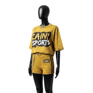 Conjunto de camiseta y pantalones cortos de algodón French Terry para mujer, 240 GSM, suave, transpirable, diseño de paneles, logotipo personalizado con serigrafía, conjuntos para mujer - Product Image 3