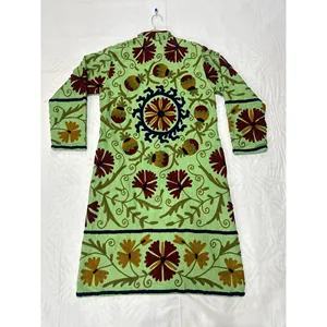 Suzani Hand Embroidery Reversible Mandarin Collar <b>Long</b> <b>Jacket</b> <b>Men</b> Women Green Floral Design Custom Logo 100% Cotton Spring XL - Product Image 3
