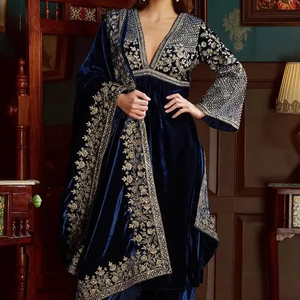 ชุด2024สำหรับปาร์ตี้/งานแต่งงานชุดเดรสผ้ากำมะหยี่สีกรมท่าปักลายสไตล์อินเดีย/ปากีสถาน - Product Image 1