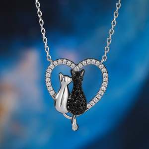 Jeulia Love's Silhouette <b>Cat</b> Couple Sterling Silver Heart <b>Necklace</b> Bezel Set - Product Image 5