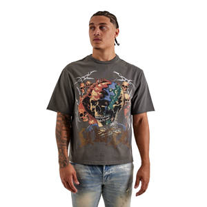 T-shirt pour homme en coton 100% lourd, style vintage décontracté, streetwear, délavé à l'acide, surdimensionné, vierge, imprimé, décoré de strass - Product Image 1