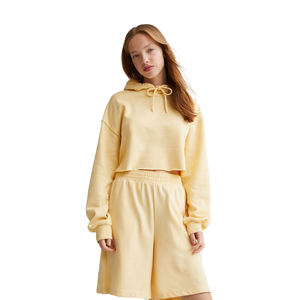 Sudaderas con capucha de lana de algodón recortadas de gran tamaño para mujer, conjunto de pantalones cortos a juego, con capucha Sudadera corta con hombros caídos, estampado de talla grande con capucha - Product Image 1