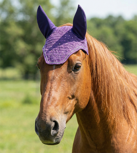 Voile anti-mouches pour cheval en crochet violet avec détails en sequins, protège-oreilles assortis, bonnet équestre fait main, rembourré et de haute qualité pour - Product Image 2