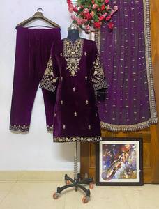 Beautiful Designer Embroidery Velvet Salwar Kameez Readymade Purple Blue 3 <b>Pc</b> Velvet Kurta Palazzo <b>Set</b> With Dupatta Partywear - Product Image 6