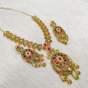 Elegant <b>Indian</b> AD Brass Necklace Earrings Combo Jewelry <b>Set</b> for Women Perfect for Weddings and Cultural Events - Product Image 1