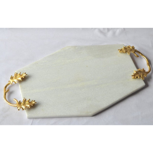 Plateau de service moderne en marbre blanc poignées élégantes en laiton de feuille d'or centre de table décoratif artisanal pour mariages décor à la maison - Product Image 5