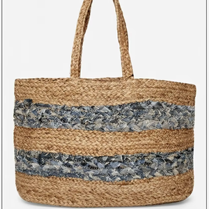 Bolso de Mano Trenzado de Yute y Mezclilla de Estilo Moderno, Accesorio Ecológico para la Vida Diaria y Negocios de la Mujer, Dos Asas, Cierre Abierto Reversible - Product Image 3