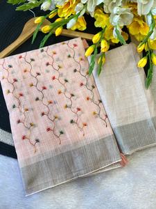 Magnifique tenue décontracté en lin bleu ciel rose couleur Saree pour mariage fête Festival porter pour femmes fille avec chemisier fantaisie ethnique - Product Image 4