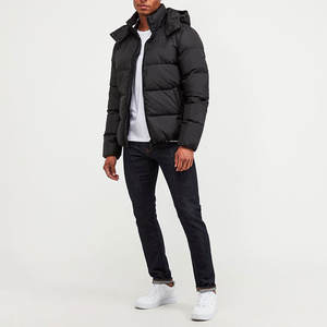 Chaqueta de Invierno para Hombre, con Cuello Alto, Acolchada, de Lona Negra, con Cierre Frontal y Logotipo Personalizado - Product Image 4