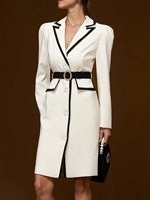 Robe Blazer AOMEI en ivoire avec bordure contrastée, manches longues, boutonnée devant, ceinture, robe de bureau professionnelle