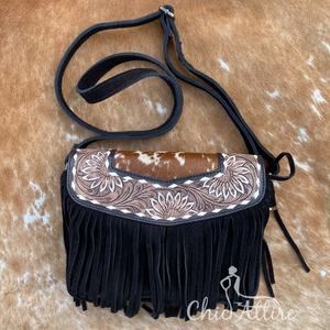 Bolso bandolera pequeño con flecos de cuero de ante negro y herramientas hecho a mano para mujer, monedero de hombro Floral de piel de vaca occidental - Product Image 1