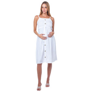 Elegant <b>White</b> <b>Maternity</b> Casual <b>Dress</b> with Spaghetti Straps, Front Buttons, and Elastic Waist for Comfortable Summer Wear, 100% C - Product Image 3